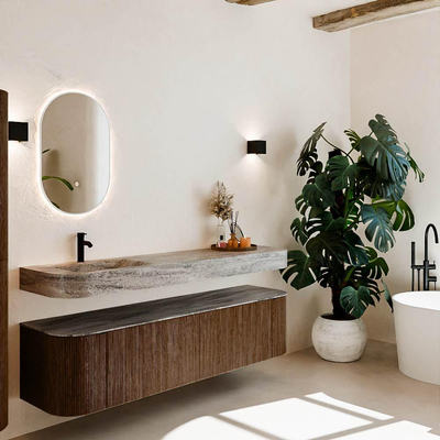 MONDIAZ THOR-DLUX Meuble de salle de bains 180cm arrondi gauche + droite couleur Walnut avec 2 tiroirs et 2 portes. Vasque suspendue CLOUD Gauche 1 trou de robinet couleur Oza.