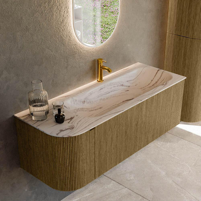 MONDIAZ KURVE-DLUX meuble de salle de bains 125 cm courbe à gauche couleur Dusk avec 1 tiroir et 1 porte. Lavabo BIG MEDIUM à droite 1 trou de robinet Nata.