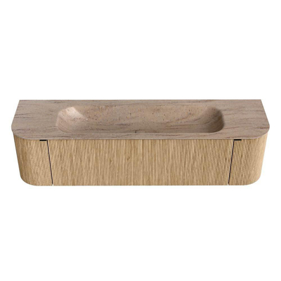 MONDIAZ KURVE-DLUX 170cm badmeubel ronding Links + Rechts kleur Oak met 1 lade en 2 deuren. Wastafel BIG LARGE Midden zonder kraangat Saba.
