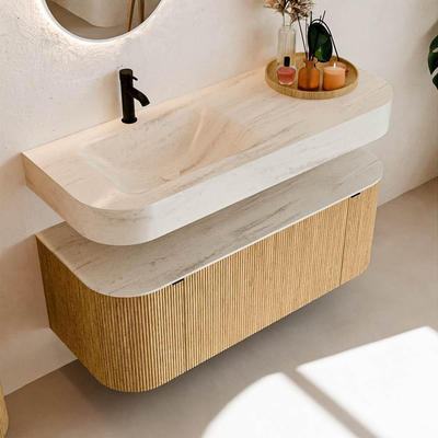 MONDIAZ THOR-DLUX Meuble de salle de bains 120cm arrondi gauche + droite couleur Oak avec 1 tiroir et 2 portes. Vasque suspendue CLOUD Gauche 1 trou de robinet couleur Meli.