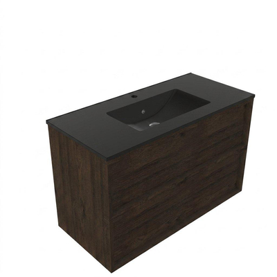 Saniclass Holz Frame Ensemble de meubles de salle de bains - 100x45x62cm - lavabo Vygo en céramique noir - 1 vasque - 1 trou de robinetterie - 2 tiroirs - chêne charcoal mat (bois)