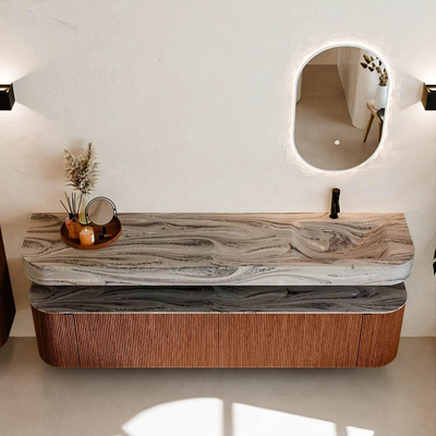 MONDIAZ THOR-DLUX Meuble de salle de bains - 200cm - arrondi gauche + droite - couleur Ruby - 2 tiroirs et 2 portes - Vasque suspendue CLOUD Droite 1 trou de robinet - couleur Sombra