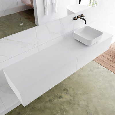 Mondiaz Lagom Meuble salle de bains 180x30.9x45cm Solid Surface Talc 2 tiroirs avec lavabo BINX vasque à poser Droite sans trous de robinet