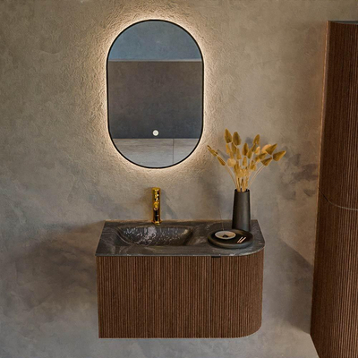 MONDIAZ KURVE-DLUX 75cm badmeubel met module 25 R kleur Walnut met 1 lade en 1 deur. Wastafel GRUNNE links 1 kraangat kleur Lava.