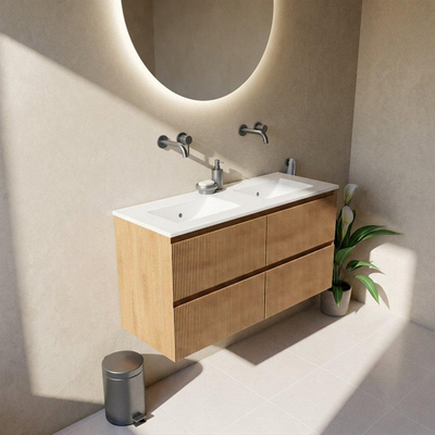 Saniclass Holz Atelier Ensemble meuble de salle de bains - 120x45x62cm - lavabo Vygo en céramique blanc - 2 vasques - sans trous de robinetterie - 2 tiroirs - chêne natural mat (bois)