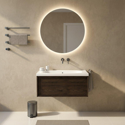 Saniclass Holz Frame Ensemble meuble de salle de bains - 100x45x43.5cm - lavabo en céramique Palermo blanc - 1 vasque - sans trou de robinet - 1 tiroir - chêne charcoal mat (bois)
