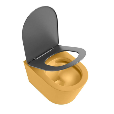 Mondiaz LAVIE hangtoilet – spoelrandloos – 36 x 53 cm – met softclose zitting – Ocher (geel), zitting Dark grey (grijs)