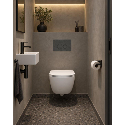 QeramiQ Dely Swirl Compact Toiletset - inbouwreservoir QeramiQ flush - slim zitting - marmeren bedieningsplaat donker - ronde knoppen - mat wit
