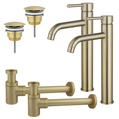 FugaFlow Eccelente Sobrado Badkamer Wastafelkraanset - voor dubbele wastafel - verhoogde wastafelkraan - always open plug - verlaagde design sifon - PVD Geborsteld Messing