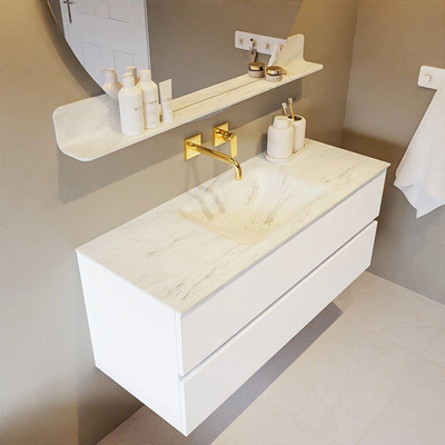 Mondiaz VICA-DLUX ensemble de meuble de salle de bain - 120cm - meuble sous-vasque talc - 2 tiroirs - lavabo encastré cloud milieu - sans trous de robinet - version haute de 60cm - opalo