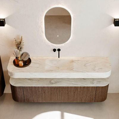 MONDIAZ THOR-DLUX Meuble de salle de bains - 180cm - arrondi gauche + droite - couleur Walnut - 2 tiroirs et 2 portes - Vasque suspendue CLOUD Milieu sans trou de robinet - couleur Ostra