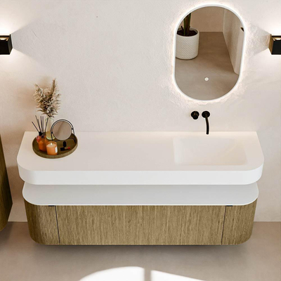 MONDIAZ THOR Meuble de salle de bains - 170cm - arrondi gauche + droite - couleur Dusk - 1 tiroir - 2 portes - Vasque suspendue CLOUD droite sans trou de robinet - couleur Talc