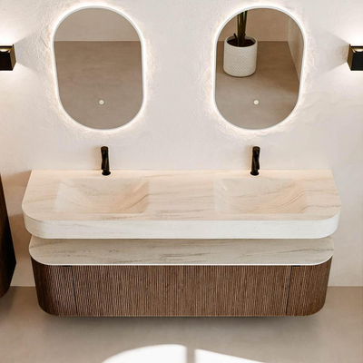 MONDIAZ THOR-DLUX 170cm badmeubel ronding links + rechts kleur Walnut met 1 lade en 2 deuren. Vrijhangende wastafel CLOUD Dubbel 2 kraangaten kleur Meli.