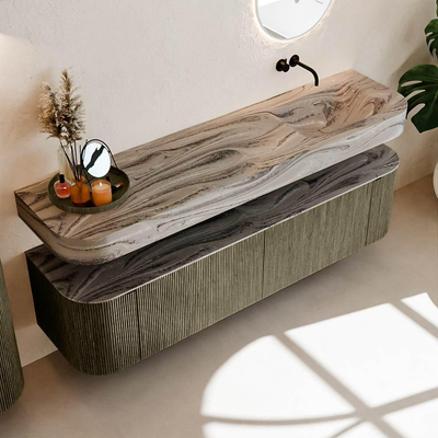 MONDIAZ THOR-DLUX 180cm meuble de salle de bains arrondi gauche + droite couleur Shadow avec 2 tiroirs et 2 portes. Vasque suspendue CLOUD droite sans trou de robinet couleur Sombra.