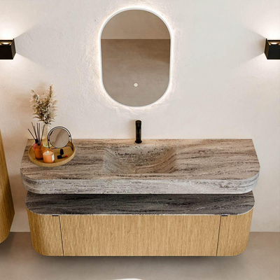 MONDIAZ THOR-DLUX 160cm badmeubel ronding links + rechts kleur Oak met 1 lade en 2 deuren. Vrijhangende wastafel CLOUD Midden 1 kraangat kleur Oza.
