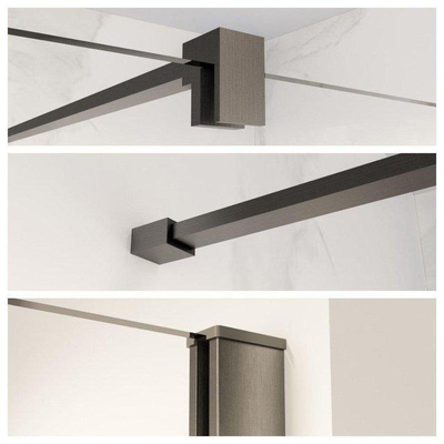 Fortifura Galeria Halfhoge Inloopdouche - 140x80cm - ribbelglas - 8mm - nano - met profielset en stabilisatiestang - Geborsteld Gunmetal