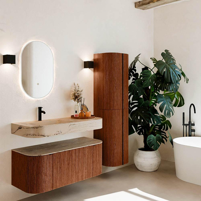 MONDIAZ THOR-DLUX 110cm meuble de salle de bains arrondi gauche + droite couleur Ruby avec 1 tiroir et 2 portes. Vasque suspendue CLOUD Gauche 1 trou de robinet couleur Arena.