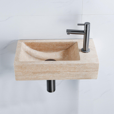 FugaFlow Efficiente Ensemble Fontaine Pierre - 40x22x10 cm - trou du robinet à droite - robinet de fontaine en gunmetal brossé PVD - bouchon de vidange - siphon abaissé - pierre naturelle mouchetée