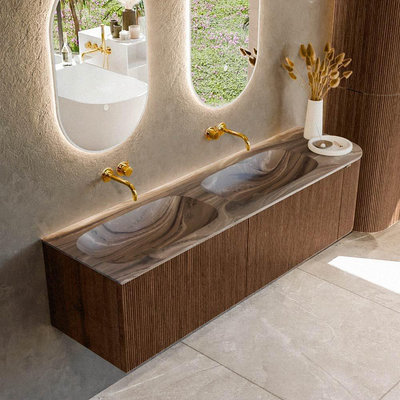 MONDIAZ KURVE-DLUX Meuble de salle de bains 165cm arrondi à droite couleur Walnut avec 2 tiroirs et 1 porte. Lavabo STOR SMALL Double / Gauche sans trou de robinet Sombra.