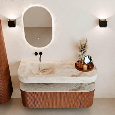 MONDIAZ THOR-DLUX 130cm meuble de salle de bains arrondi gauche + droite couleur Ruby avec 1 tiroir et 2 portes. Vasque suspendue CLOUD Gauche sans trou de robinet couleur Frappe.