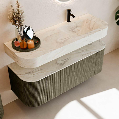 MONDIAZ THOR-DLUX 130cm meuble de salle de bains arrondi gauche + droite couleur Shadow avec 1 tiroir et 2 portes. Vasque suspendue CLOUD Droite 1 trou de robinet couleur Ostra.