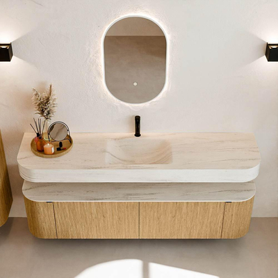 MONDIAZ THOR-DLUX 180cm meuble de salle de bains arrondi gauche + droite couleur Oak avec 2 tiroirs et 2 portes. Vasque suspendue CLOUD Milieu 1 trou de robinet couleur Meli.