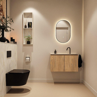MONDIAZ TURE-DLUX Meuble toilette - 80cm - Washed Oak - EDEN - vasque Ostra - position centrale - 1 trou de robinet