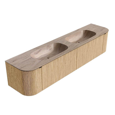 MONDIAZ KURVE-DLUX 200cm badmeubel ronding Links + Rechts kleur Oak met 2 lades en 2 deuren. Wastafel STOR SMALL Dubbel zonder kraangat Saba.