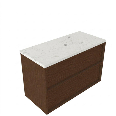 Saniclass Holz Frame Ensemble de meubles de salle de bains - 100x45x63cm - Plan vasque en marbre Dia poli (blanc) - 1 trou de robinet - 2 tiroirs - walnut pure mat (bois)