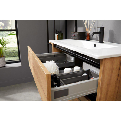 Thebalux meuble bas type1 140cm 1x tiroir sans poignée 1x bandeau de poignée alu noir mat avec cadre noir mat et 1x insert 2x découpe pour lavabos Epic Slimline Froggio Cube Quadro et Glacier incl set de siphon blanc