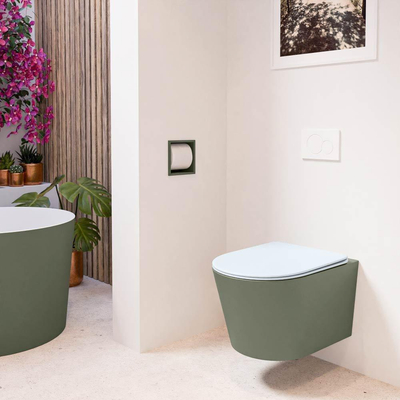 Mondiaz LAVIE WC suspendu – sans bride – 36 x 53 cm – avec abattant softclose – Army (vert), abattant Clay (bleu clair/gris)