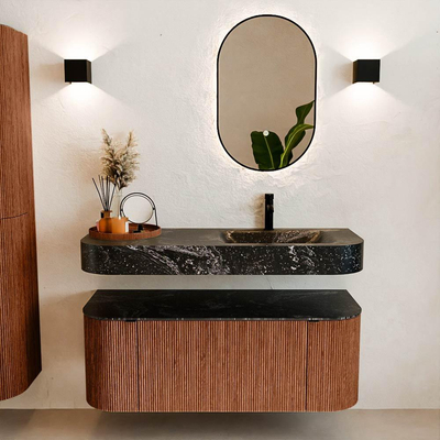 MONDIAZ THOR-DLUX 120cm meuble de salle de bains arrondi gauche + droite couleur Ruby avec 1 tiroir et 2 portes. Vasque suspendue CLOUD Droite 1 trou de robinet couleur Lava.