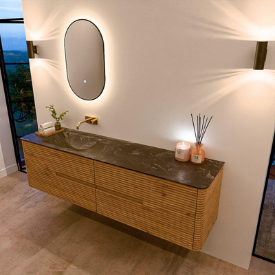 Mondiaz CIRO-DLUX Badkamermeubelset - 180x45x50cm - Solid surface wastafel Lava - 1 wasbak Links - zonder kraangaten - 4 lades - Oak