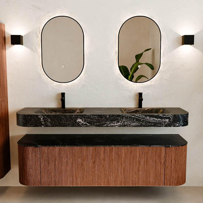 MONDIAZ THOR-DLUX 170cm badmeubel ronding links + rechts kleur Ruby met 1 lade en 2 deuren. Vrijhangende wastafel CLOUD Dubbel 2 kraangaten kleur Lava.