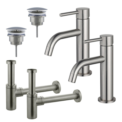FugaFlow Eccelente Sobrado Slim Kit robinet lavabo - pour double vasque - robinet bas - bonde non-obturable - siphon design - Inox brossé PVD
