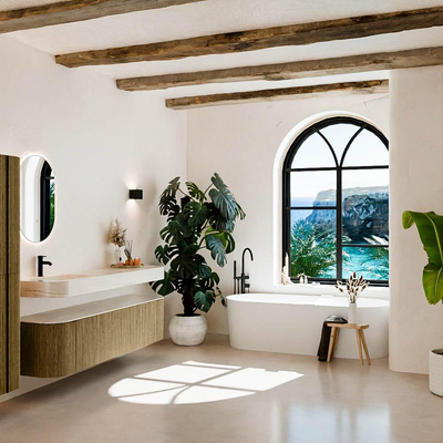 MONDIAZ THOR-DLUX 180cm meuble de salle de bains arrondi gauche + droite couleur Dusk avec 2 tiroirs et 2 portes. Vasque suspendue CLOUD Gauche 1 trou de robinet couleur Meli.