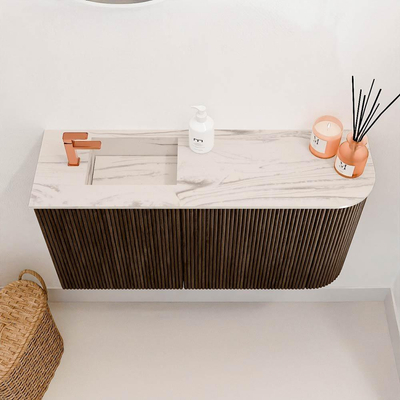 Mondiaz JOYA-DLUX 81.6cm toiletmeubel - ronding rechts kleur Walnut - Wastafel FAYE positie Links 1 kraangat kleur Nata.