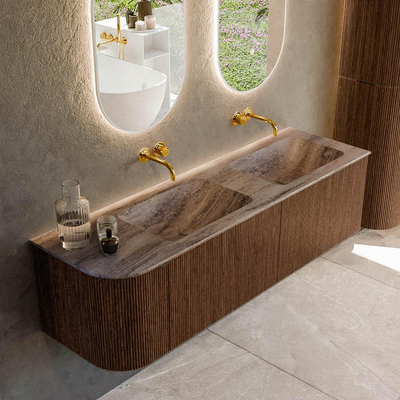 MONDIAZ KURVE-DLUX meuble de salle de bains 155cm arrondi gauche couleur noyer avec 2 tiroirs et 1 porte. Lavabo LEAF double / droit sans trou de robinetterie Oza.