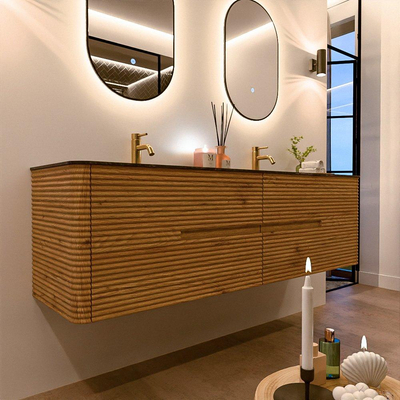 Mondiaz CIRO-DLUX Ensemble de meubles de salle de bains - 170x45x50cm - Vasque solid surface Lava - 2 vasques double - 2 trous de robinet - 4 tiroirs - Chêne