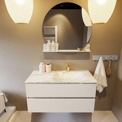 Mondiaz VICA-DLUX ensemble de meuble de salle de bain - 100cm - meuble sous lavabo lin - 2 tiroirs - lavabo encastré nuage droite - 1 trou de robinet - version haute de 60cm - glace