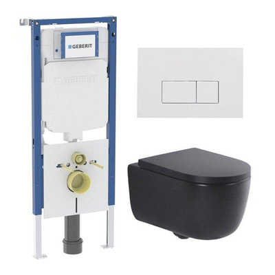 QeramiQ Dely Swirl Pack WC - 36,3x51,7cm - réservoir encastré Geberit UP720 Duofix Sigma - assise 35mm - plaque de déclenchement blanche brillante - boutons rectangulaires - noir mat