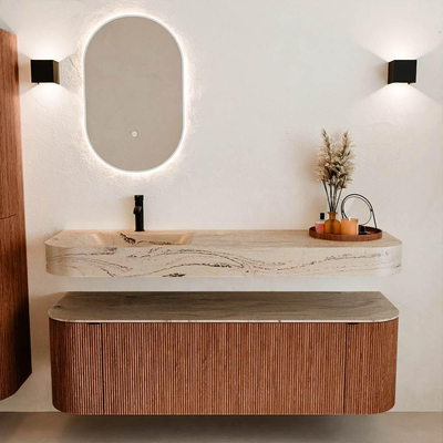 MONDIAZ THOR-DLUX 150cm meuble de salle de bains arrondi gauche + droite couleur Ruby avec 1 tiroir et 2 portes. Vasque suspendue CLOUD Gauche 1 trou de robinet couleur Arena.