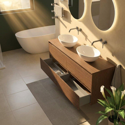 Saniclass Holz Pure Ensemble meuble de salle de bains - 160x45x62cm - plan de travail en bois - sans trou de robinetterie - 4 tiroirs - noyer pure mat (bois)
