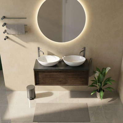 Saniclass Holz Frame Ensemble meuble de salle de bains - 120x45x43cm - Plan vasque en basalte Noche poli (noir) - 2 trous de robinetterie - 1 tiroir - chêne charcoal mat (bois)