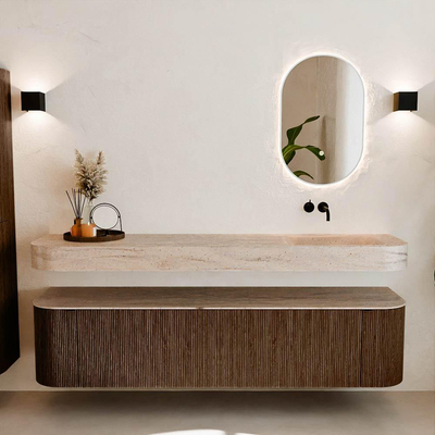 MONDIAZ THOR-DLUX 190cm badmeubel ronding links + rechts kleur Walnut met 2 lades en 2 deuren. Vrijhangende wastafel CLOUD Rechts zonder kraangat kleur Saba.