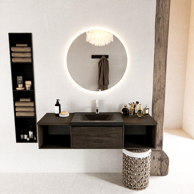 MONDIAZ BUKLA 140cm ensemble de meuble avec module ouvert 40 L+R couleur Marron Foncé avec 1 tiroir. Lavabo CLOUD centre 1 trou de robinet couleur Urban.