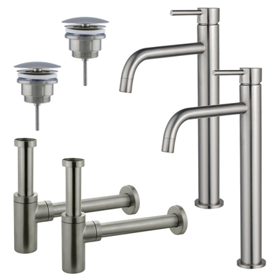 FugaFlow Eccelente Sobrado Badkamer Slim Wastafelkraanset - voor dubbele wastafel - verhoogde wastafelkraan - always open plug - design sifon - PVD Geborsteld RVS