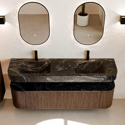 MONDIAZ THOR-DLUX 170cm badmeubel ronding links + rechts kleur Walnut met 1 lade en 2 deuren. Vrijhangende wastafel CLOUD Dubbel 2 kraangaten kleur Lava.