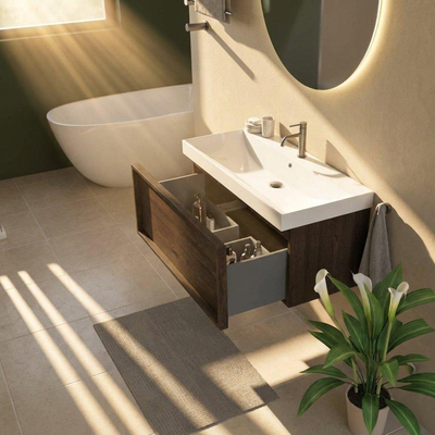 Saniclass Holz Frame Ensemble de meubles de salle de bains - 100x45x47.5cm - lavabo Wave en céramique - 1 vasque - 1 trou de robinet - 1 tiroir - chêne charcoal mat (bois)