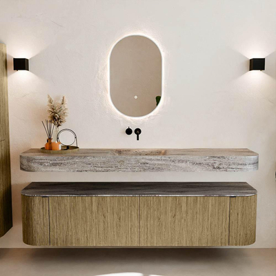 MONDIAZ THOR-DLUX Meuble de salle de bains 190cm arrondi gauche + droite couleur Dusk avec 2 tiroirs et 2 portes. Vasque suspendue CLOUD Milieu sans trou de robinet couleur Oza.